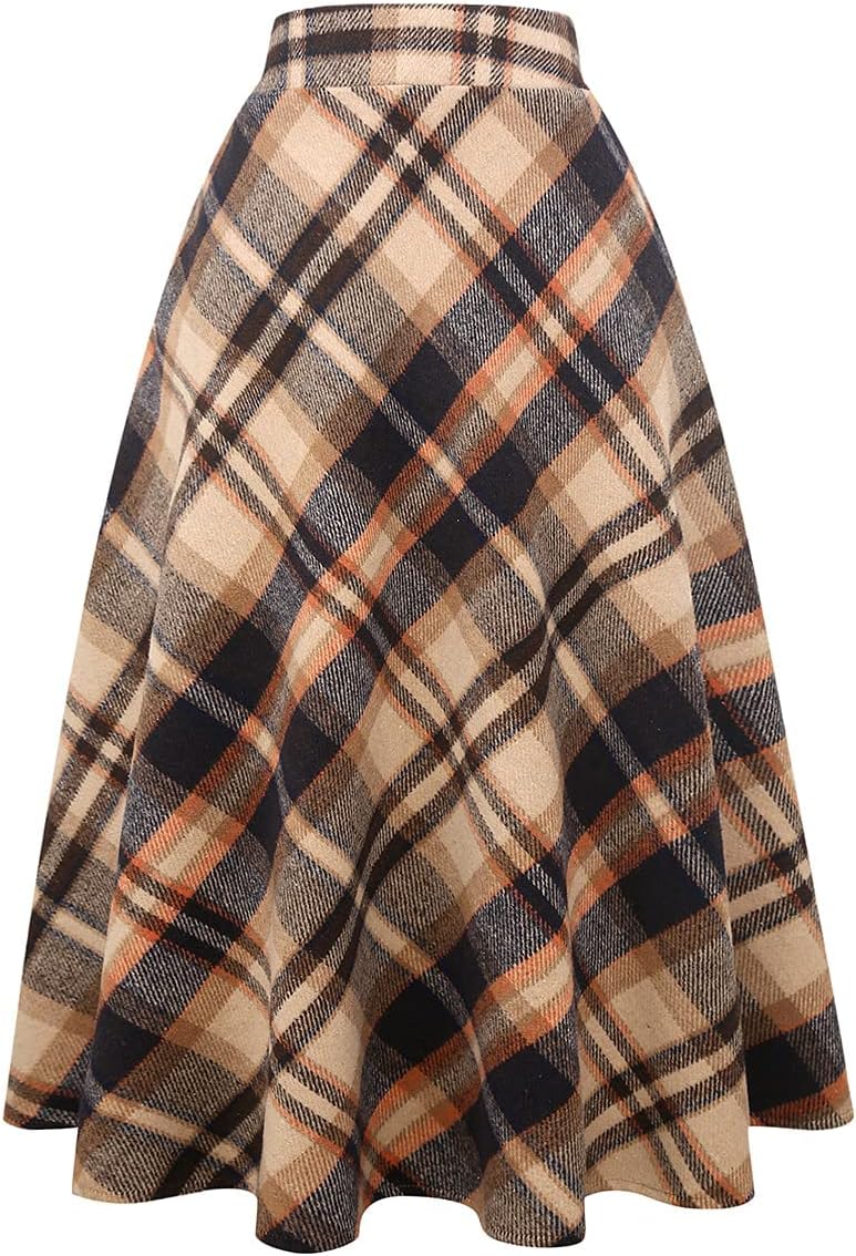 Womens Plaid Wool Skirts A-Line Pleated Tartan Long Skirts