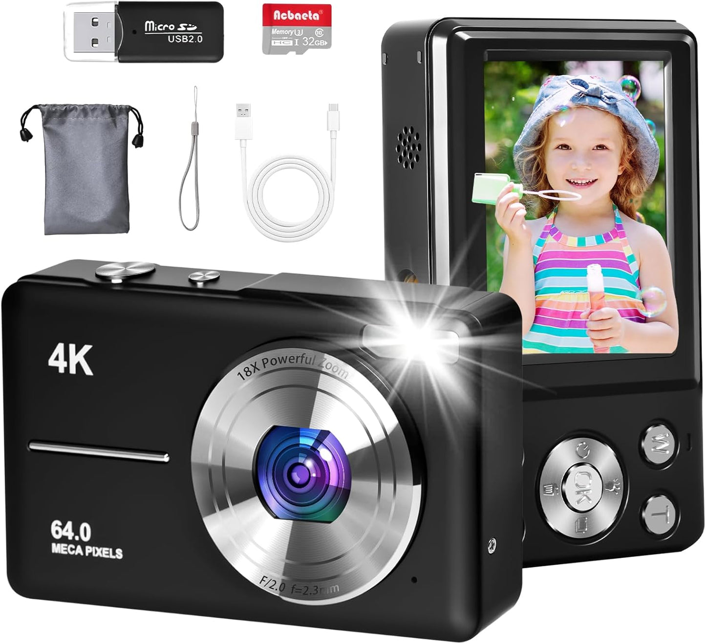 Acbaeta 4K Vlogging Camera - Autofocus, 64MP, 32GB TF, Zoom