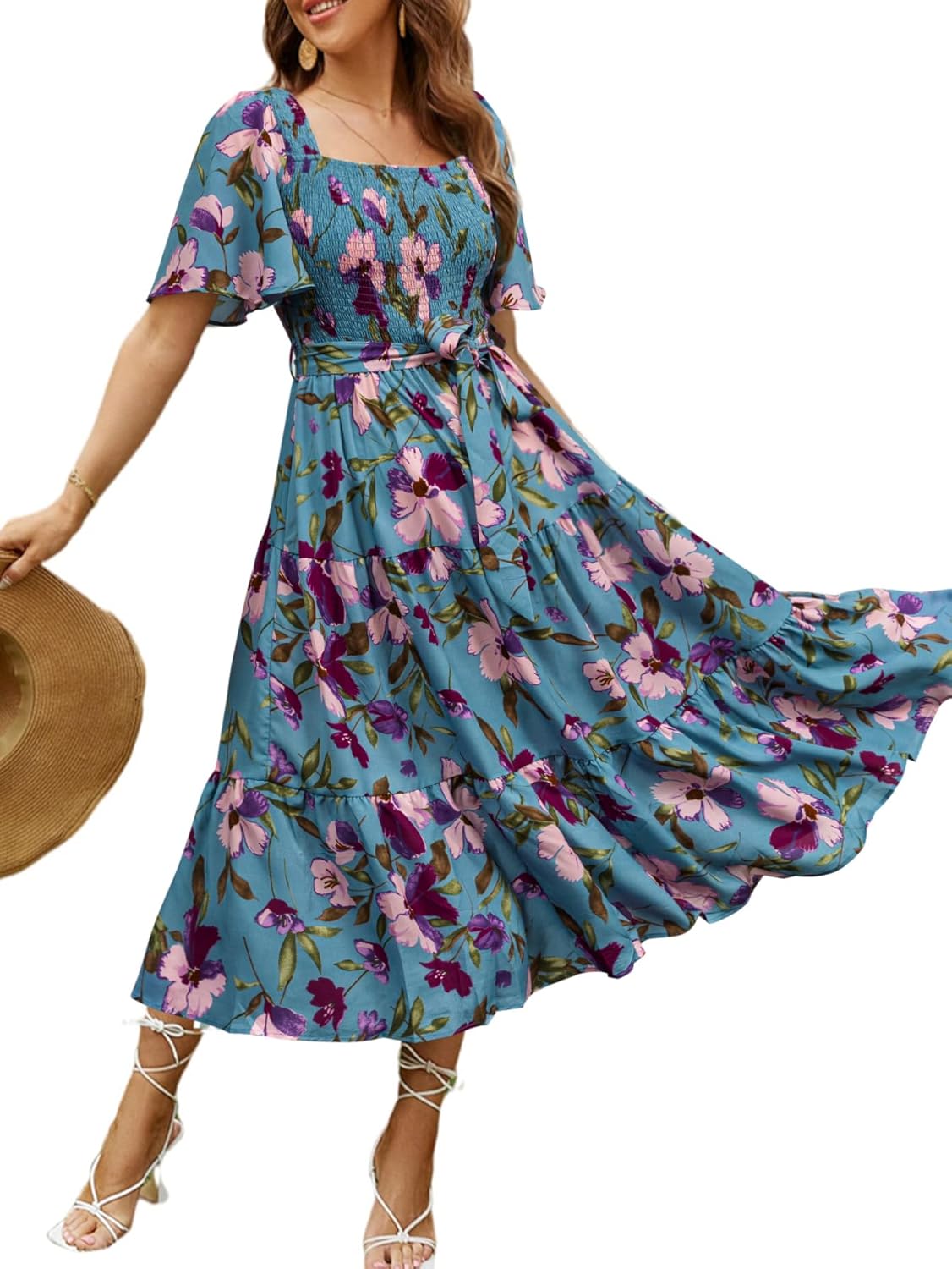 Amegoya Women's Boho Flowy Long Sleeve Floral Midi Dress