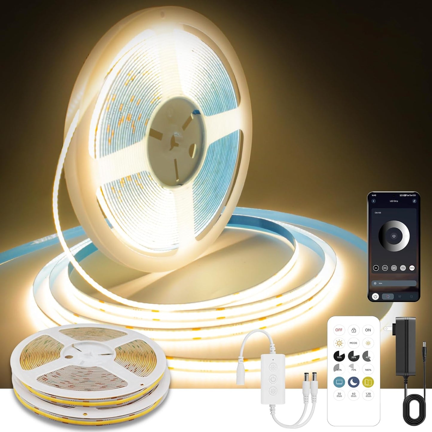 COB LED Strip Lights Warm White 50FT Dimmable with Remote Control