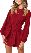 PRETTYGARDEN Fall Lantern Sleeve Short Dress - Tie Waist Knit