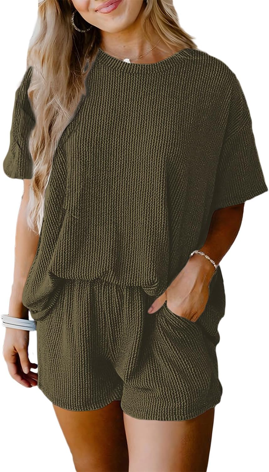 SHEWIN Two Piece Set for Women Short Sleeve Shirts and Shorts