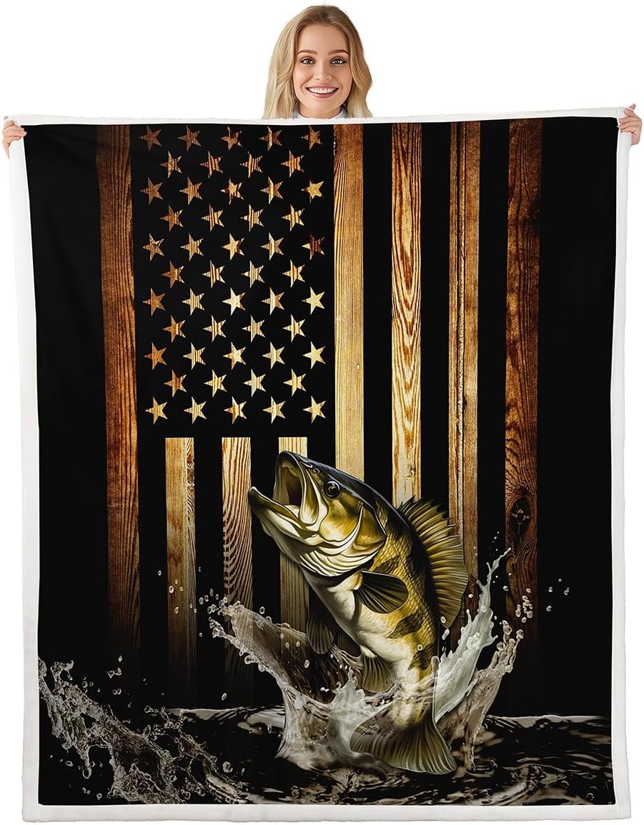 Rustic Bass Fish Fleece Blanket 4050 - Cozy Americana Decor!