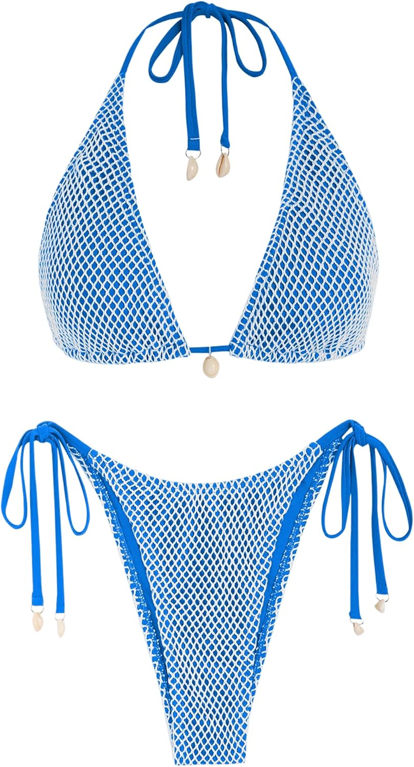 ZAFUL Women's Triangle Bikini Set with Multiway Fishnet Design