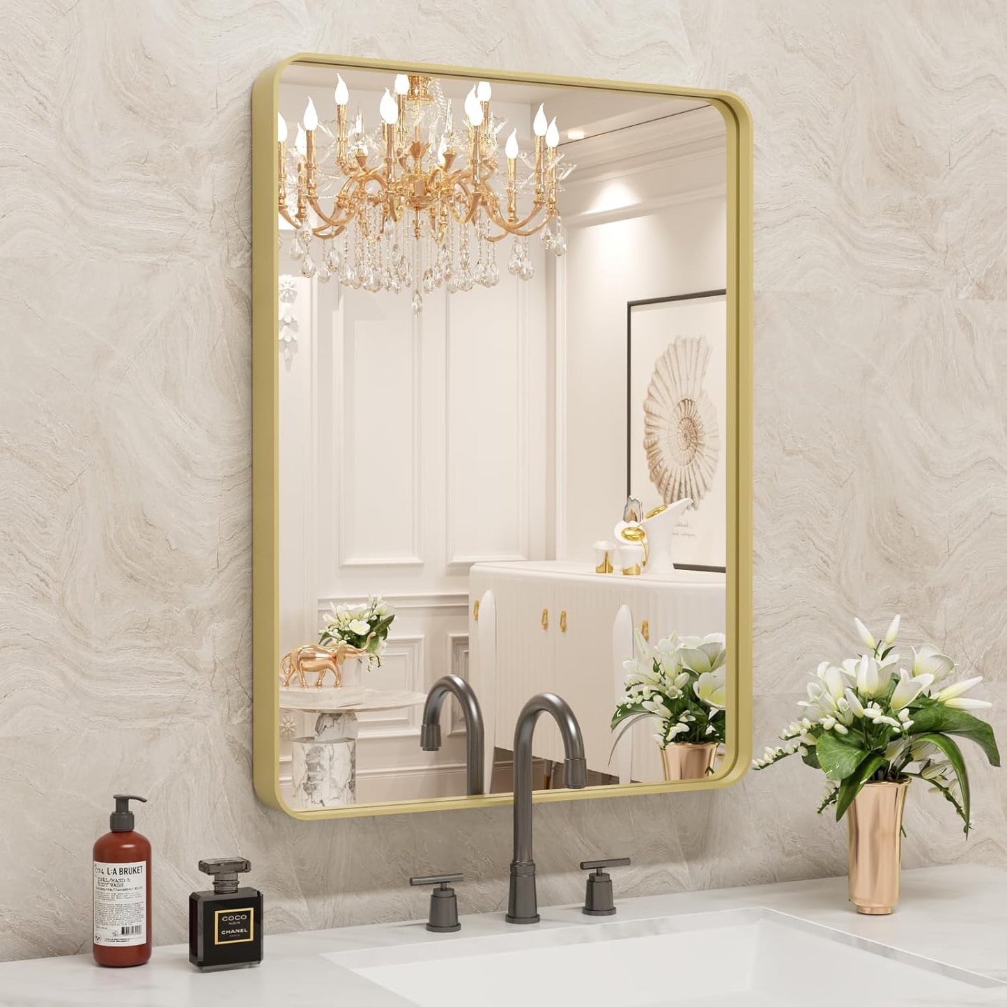 WEER Gold Bathroom Mirror with Brushed Metal Frame for Style