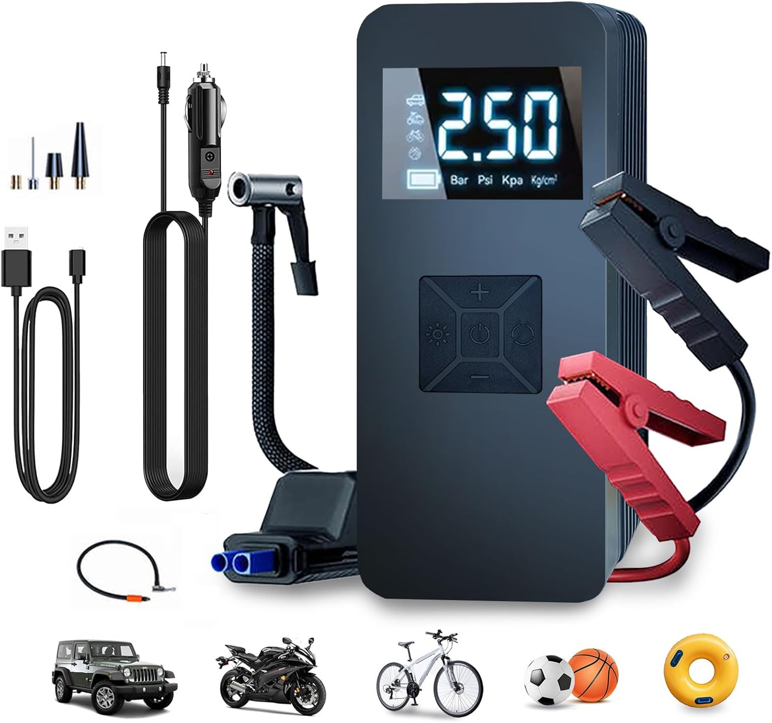Portable Car Battery Jump Starter with Air Compressor and LED Light