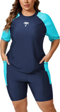 Halcurt Women's Plus Built in Bra Rash Guard Two Piece Swim Set