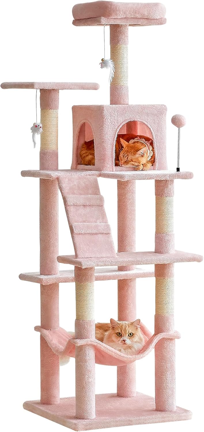 MWPO 63.8-Inch Pink Cat Tree for Indoor Cats with Hammock