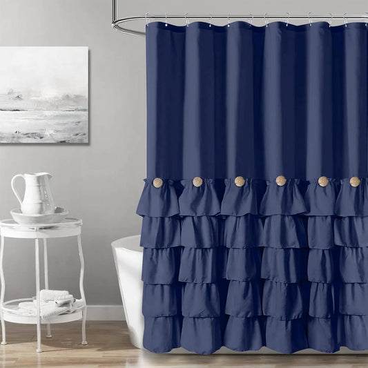 Navy Blue Shower Curtain with Ruffles for Farmhouse Style Bath