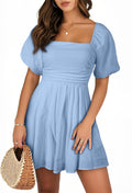 AlvaQ Womens Cotton Puff Sleeve Square Neck Mini Romper - Cute Fit