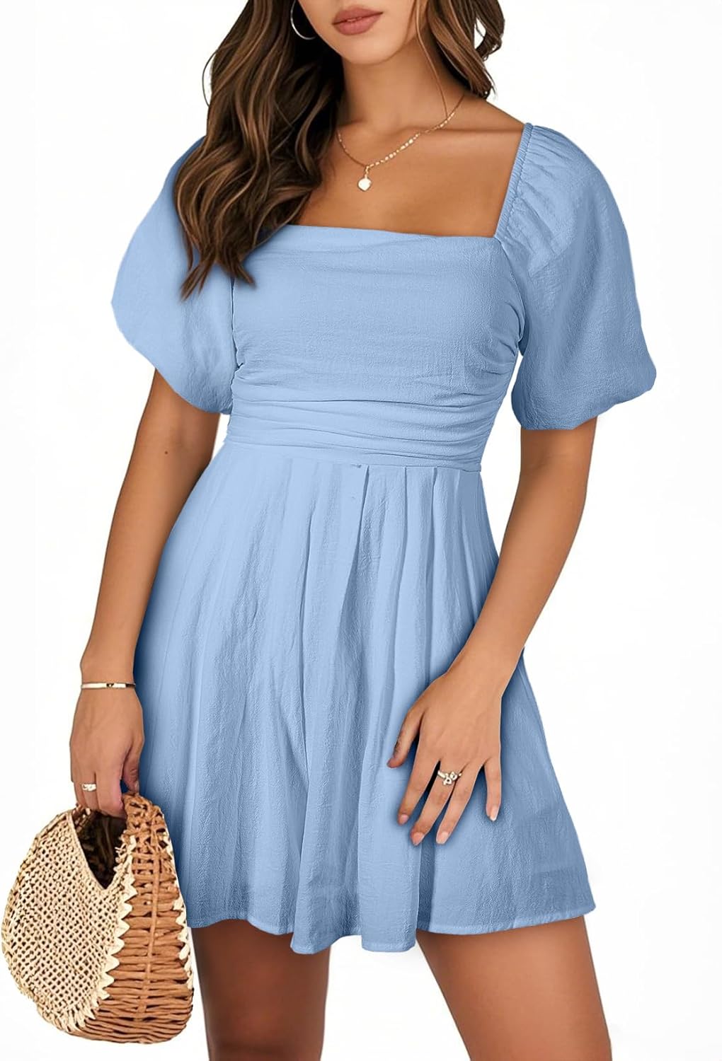 AlvaQ Womens Summer Cute Puff Sleeve Elastic Square Neck Romper