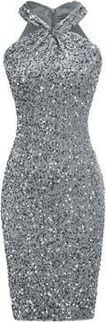 Sequin Halter Bodycon Mini Dress - Sparkly Sleeveless Party Dress