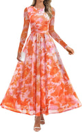 ZESICA Floral Maxi Dress 2025 Long Sleeve Mesh Ruched - Elegant Fall