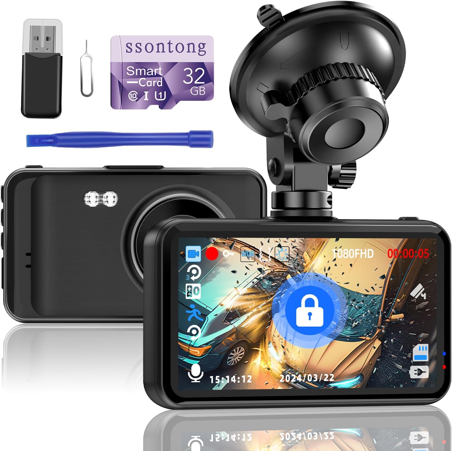 1080P Dash Cam: Night Vision, 32GB Card, 170 Angle