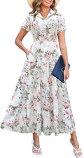Kranda Women Collared V Neck Tiered Floral Maxi Dress - Lightweight