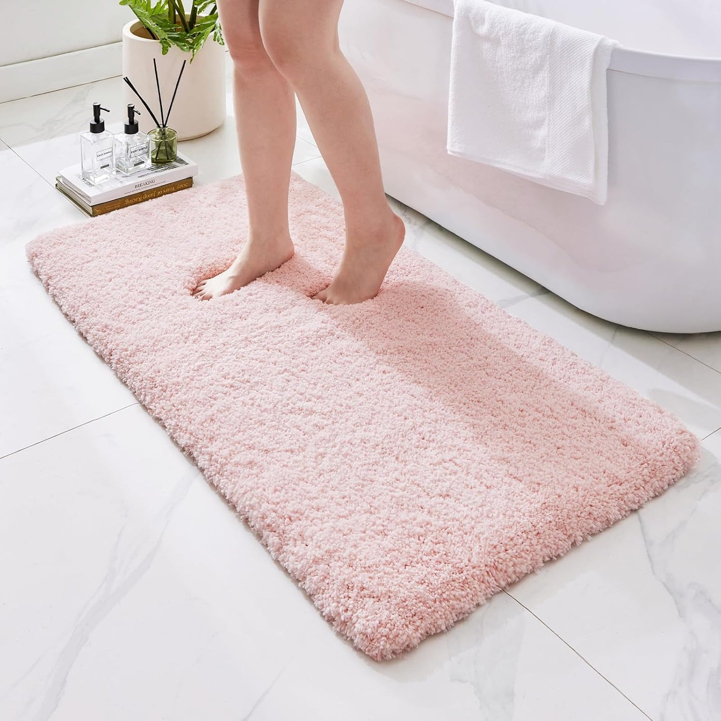 Bathroom Runner Rug 24x59 Pink Plush Non Slip Bath Mat for Floors