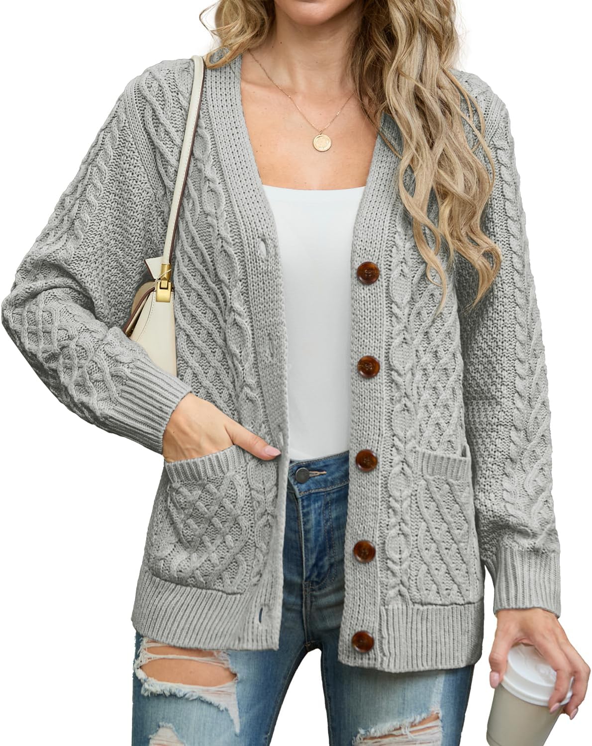 GRECERELLE Women 2025 Fall Long Sleeve Cable Knit Cardigan