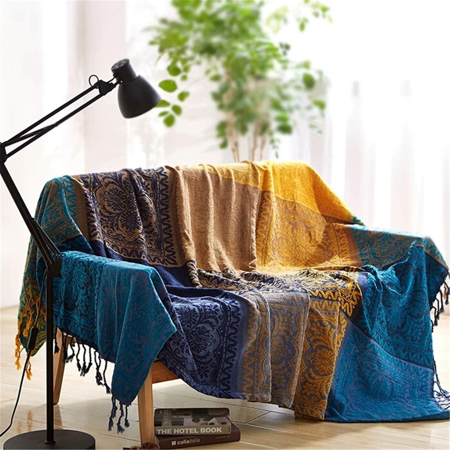 Bohemian Throw Blanket for Couch with Colorful Chenille Tassels