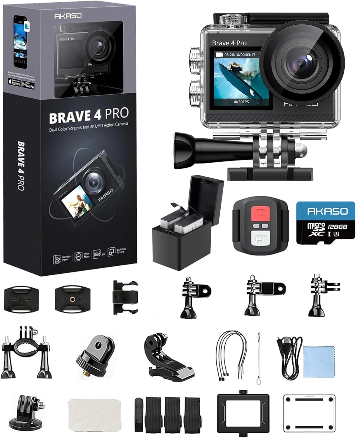 AKASO Brave 4 Pro 4K30 Action Camera Bundle