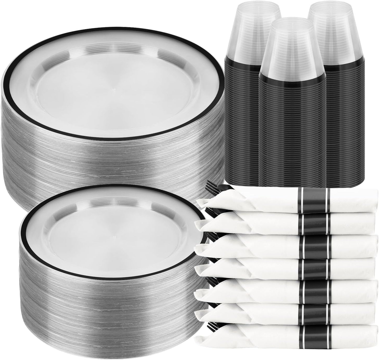 350PCS Clear and Black Disposable Plates Set for All Occasions