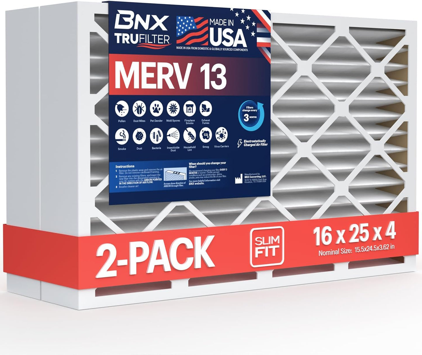 BNX TruFilter 16x25x4 MERV 13 Air Filter for Health & Allergies