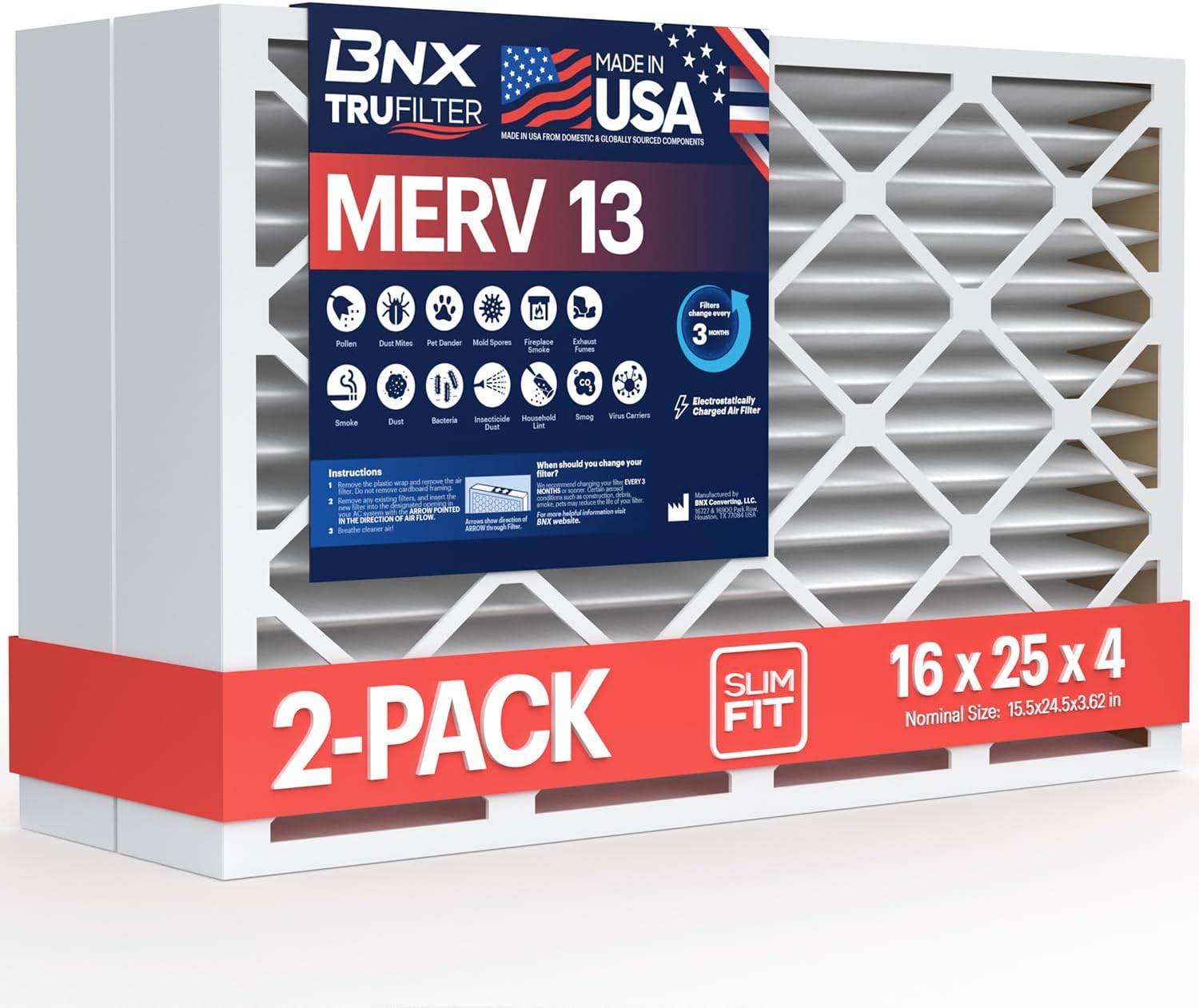 BNX TruFilter 16x25x4 MERV 13 Air Filter for Health & Allergies