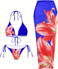 Womens 3pcs Floral Halter Triangle Bikini with Sheer Cover Up