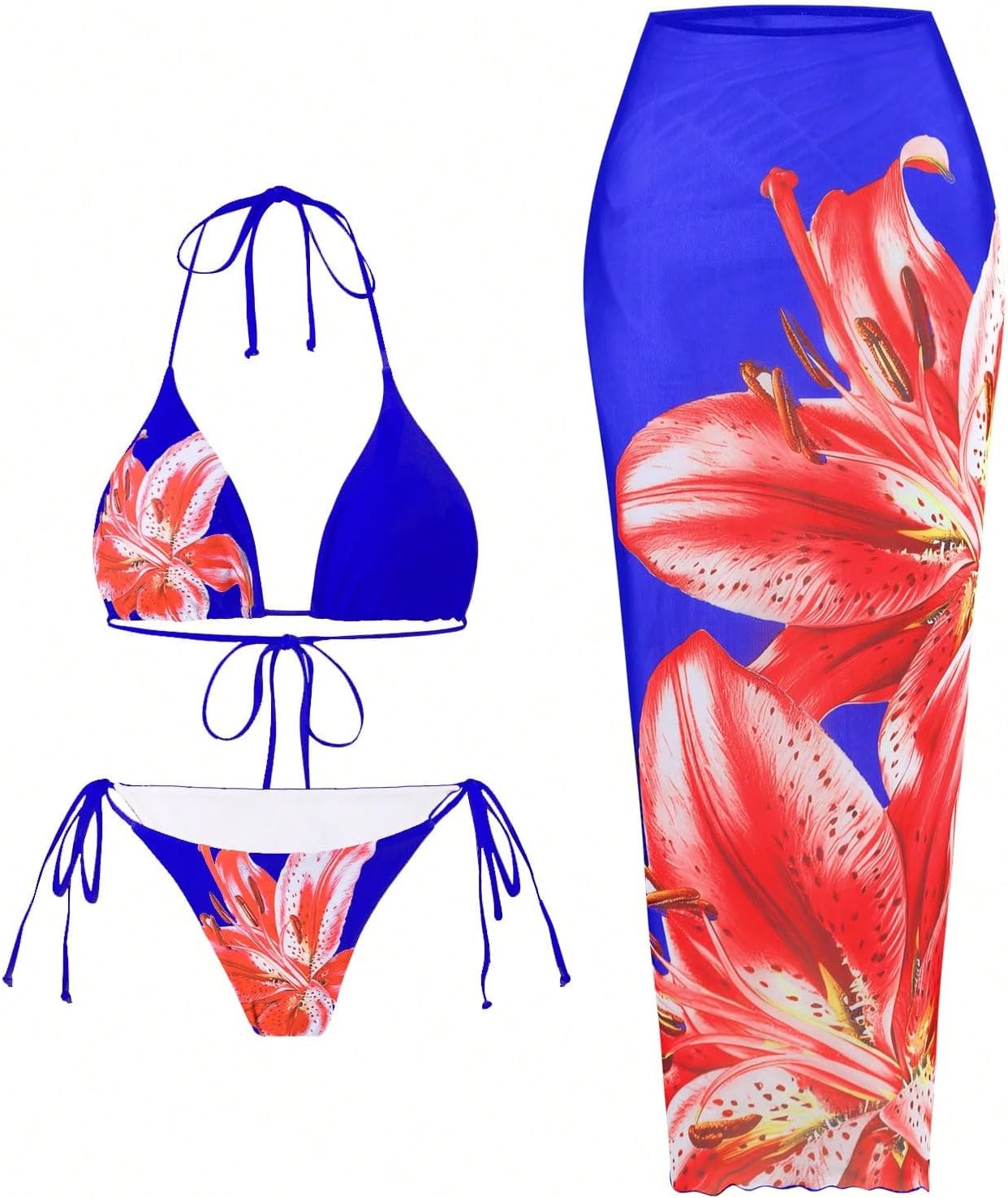 ZAFUL Womens 3pcs Swimsuit Floral Halter Bikini Set for Summer