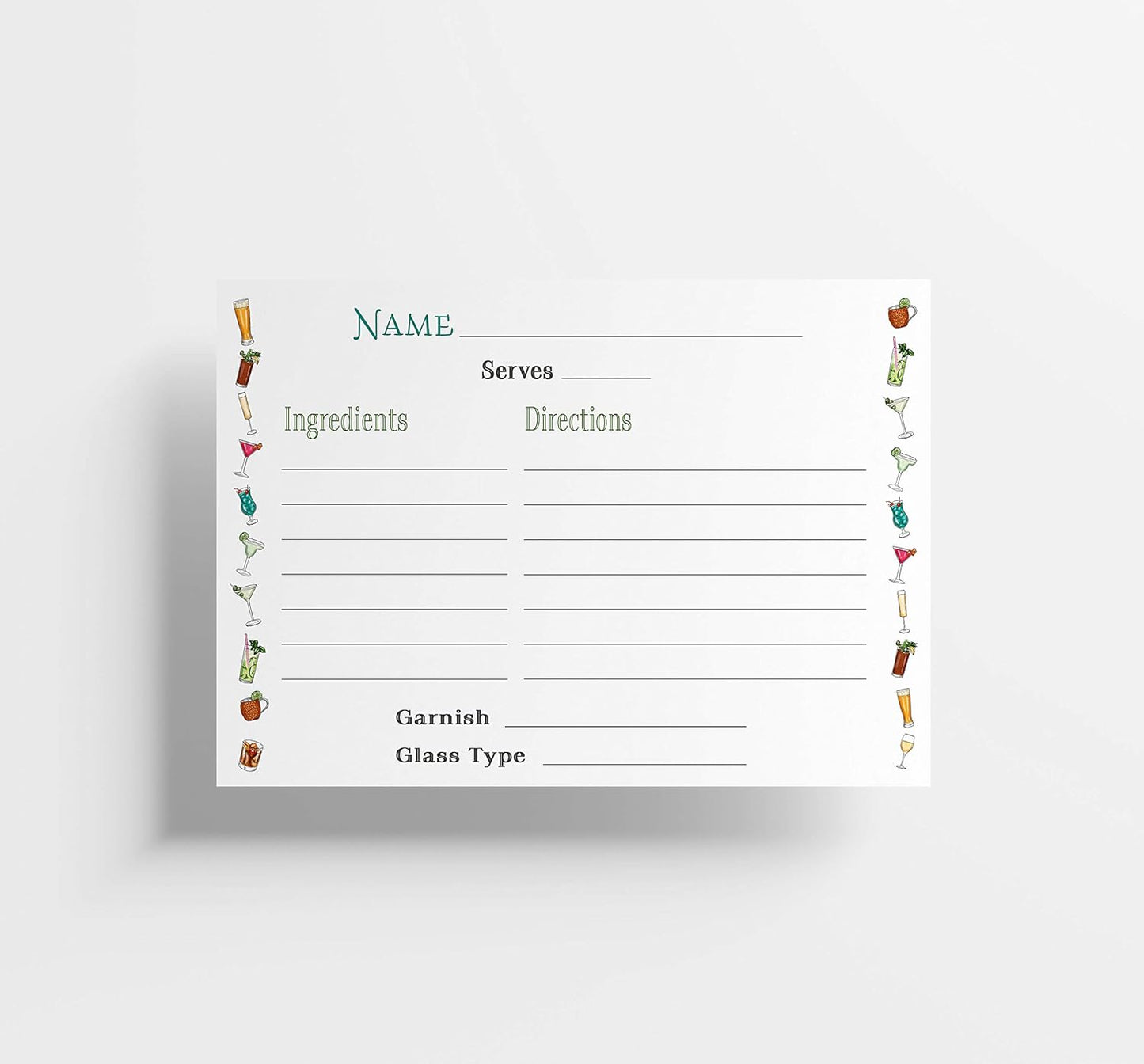 50 Cocktail Recipe Cards - Fill-in-the-Blank, Watercolor Border