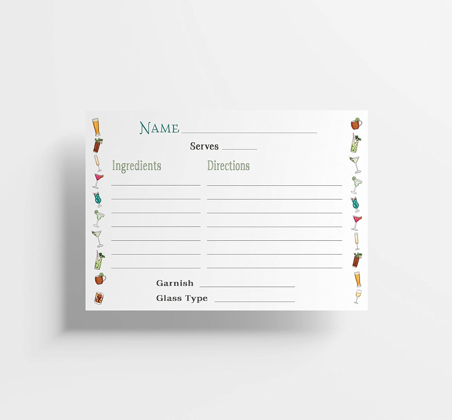 50 Cocktail Recipe Cards - Fill-in-the-Blank, Watercolor Border