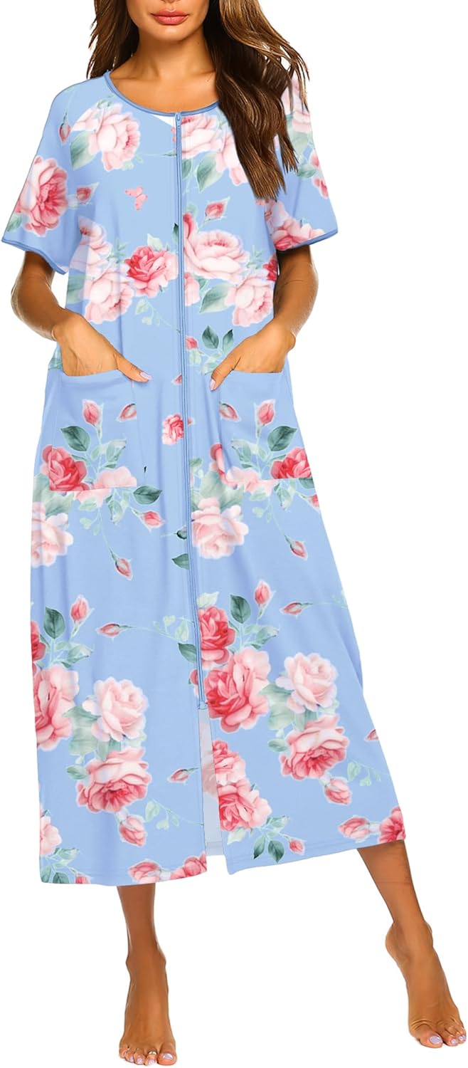 Ekouaer Women Robes Zipper Front Short Sleeve Full Length Housecoat