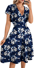LYANER Women's Warp V Neck Ruffle Short Sleeve A Line Midi Dress