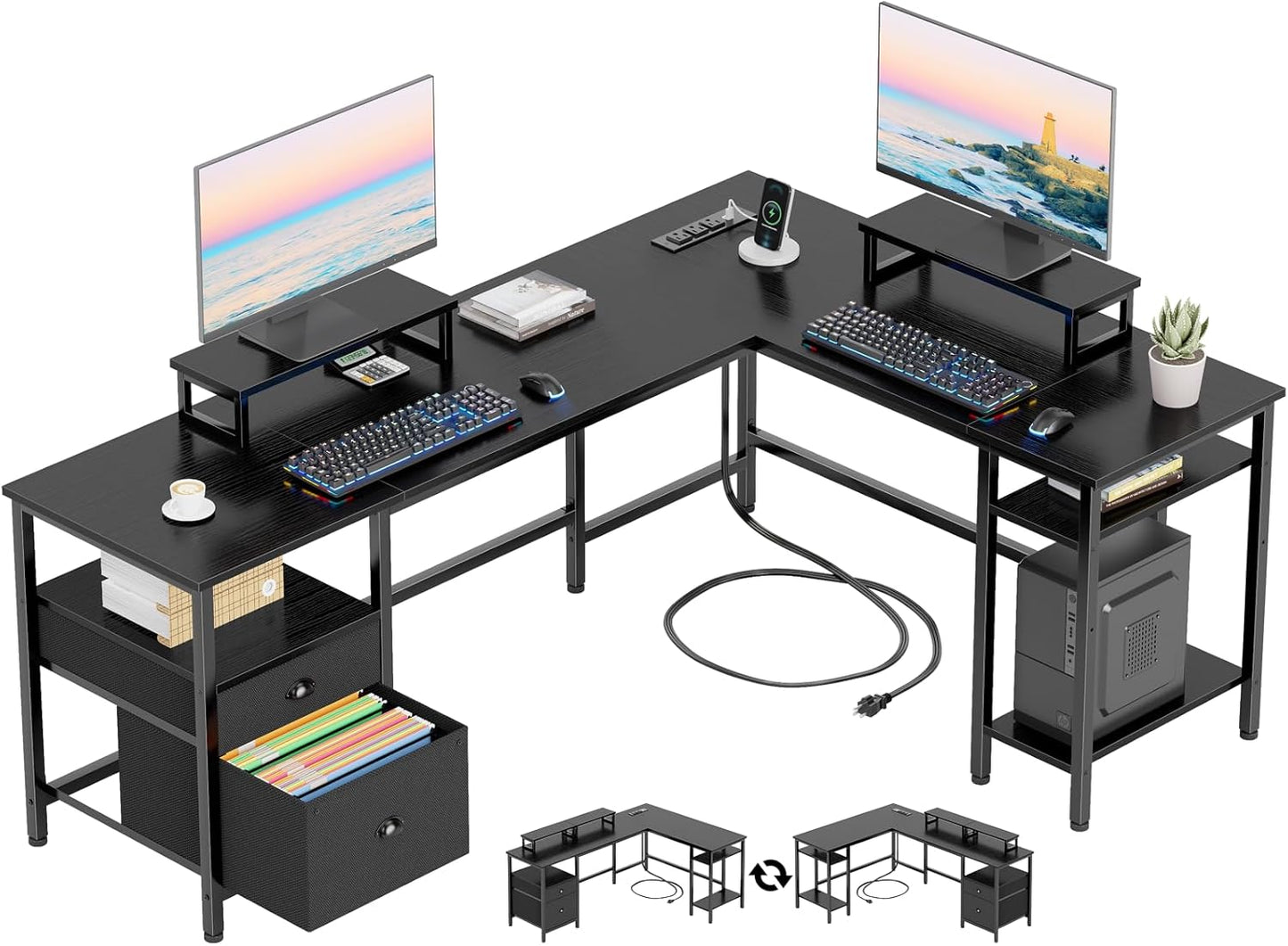 Furologee 66 L Shaped Desk with Power Outlet for Home Office