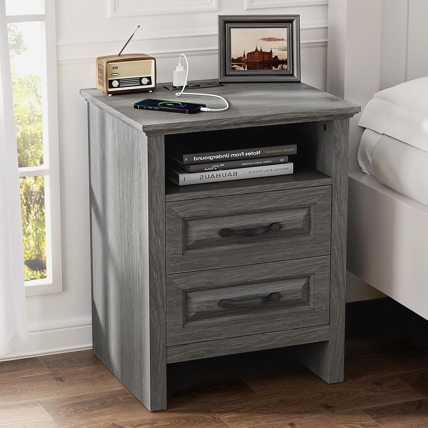 Pipishell Night Stand with Charging Station and Rustic Design