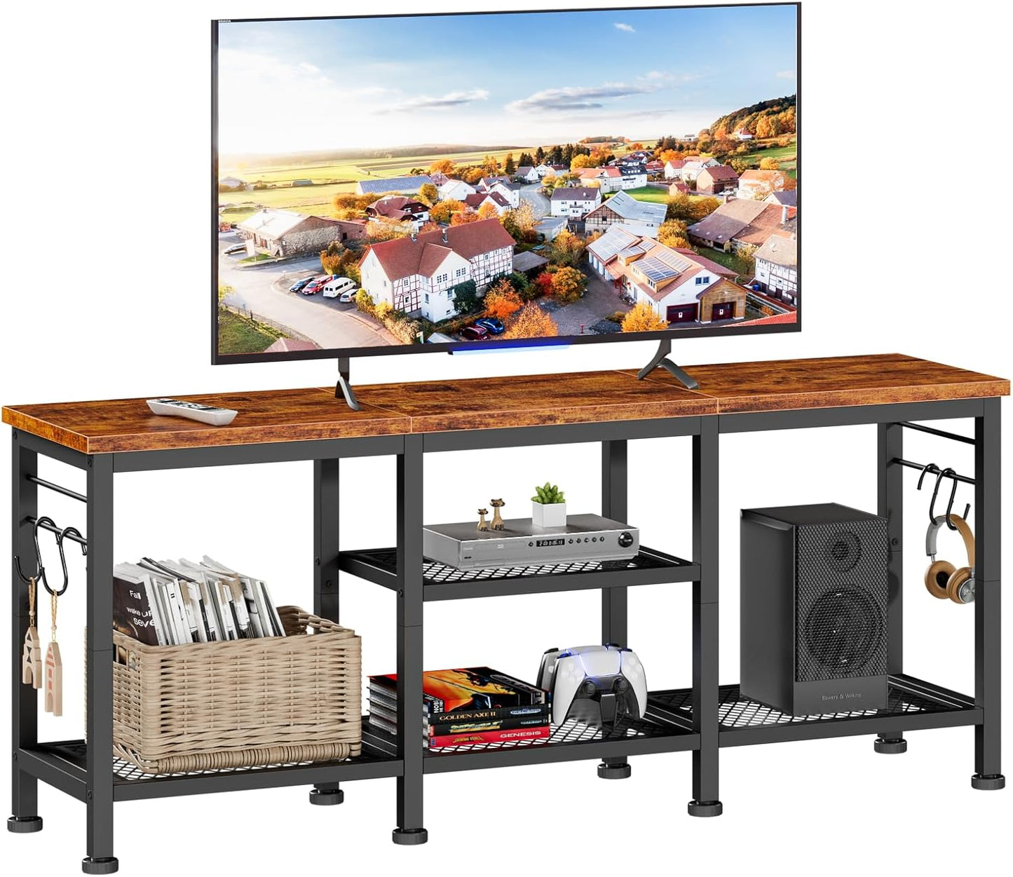 Rustic Brown TV Stand | Open Storage Shelves | Soundbar Shelf