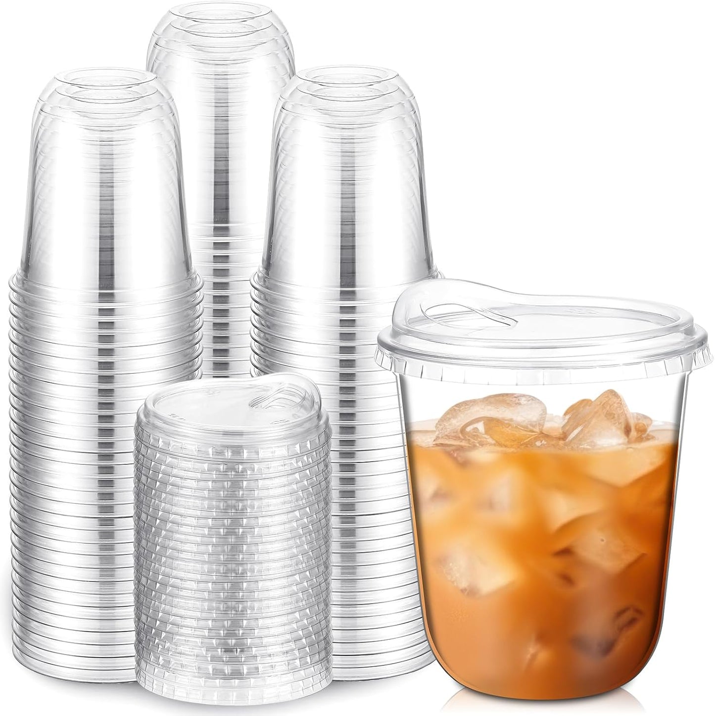 Baderke 12 oz Clear Plastic Cups with Strawless Sip Lids - 100 Pcs