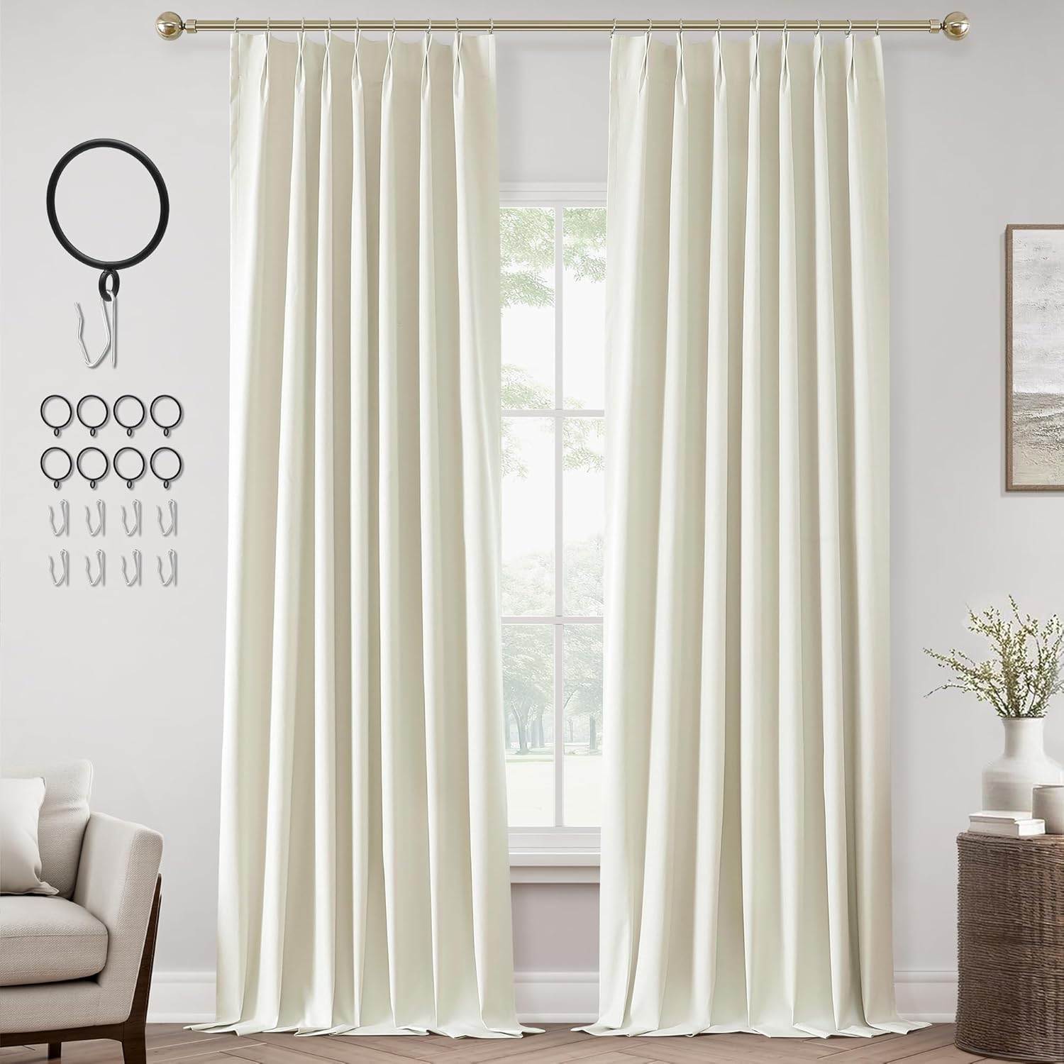 ChrisDowa Ivory Pinch Pleated Blackout Linen Curtains 120 in