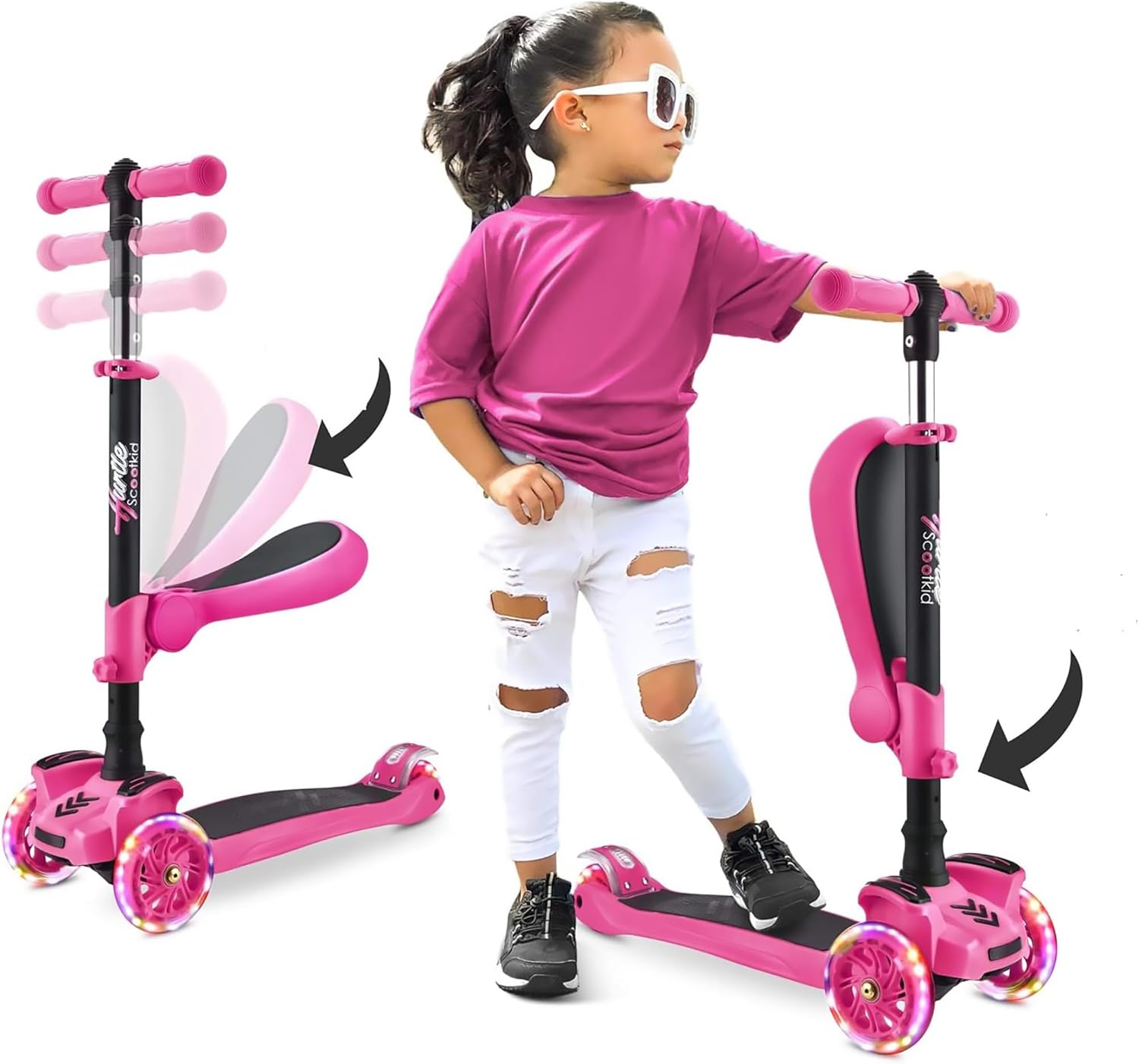Hurtle Kids 3-Wheel Scooter - LED Wheels, Lean-to-Steer, Seat Option