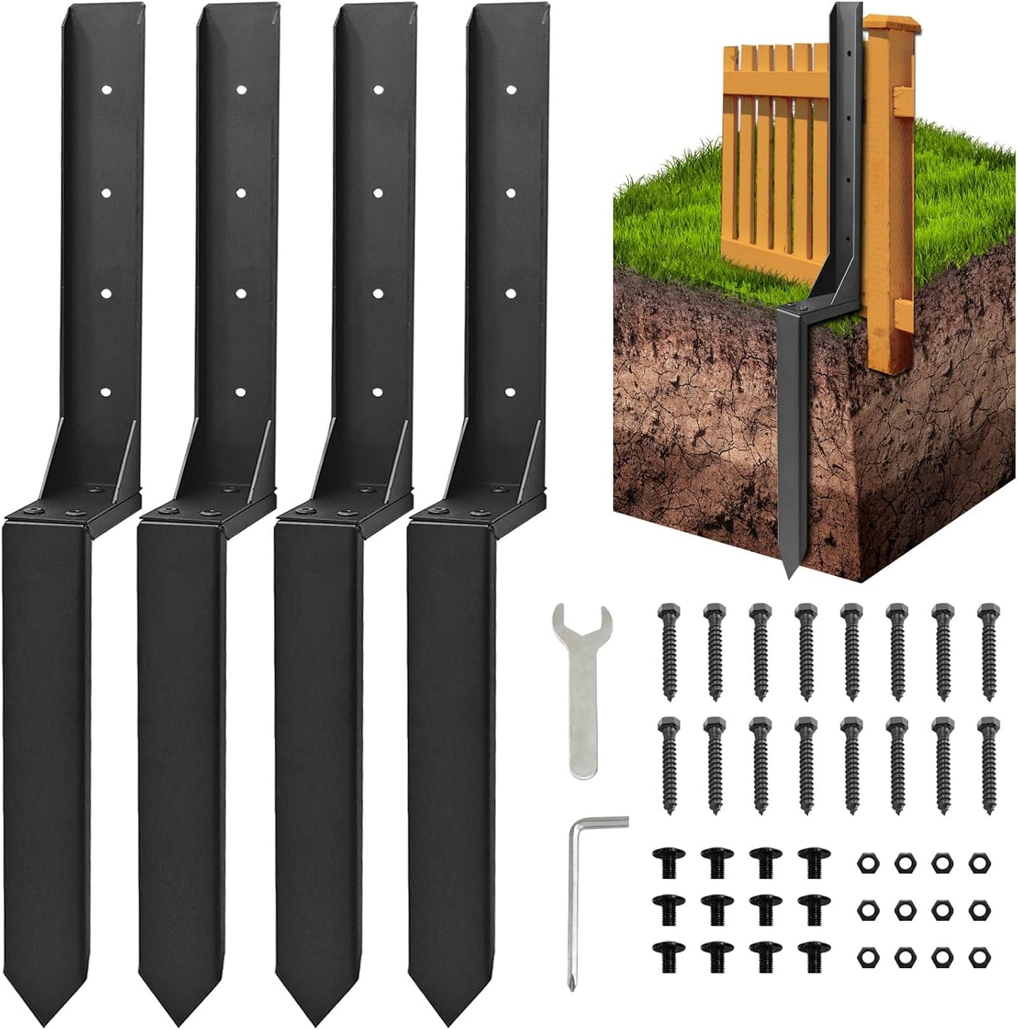 Fence Post Repair Kit for Broken Wood Posts Support - 4 Pack