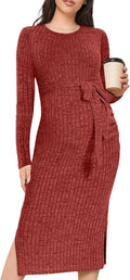 Crewneck Rib Knit Maternity Sweater Dress with Belt - Stretchy Fit
