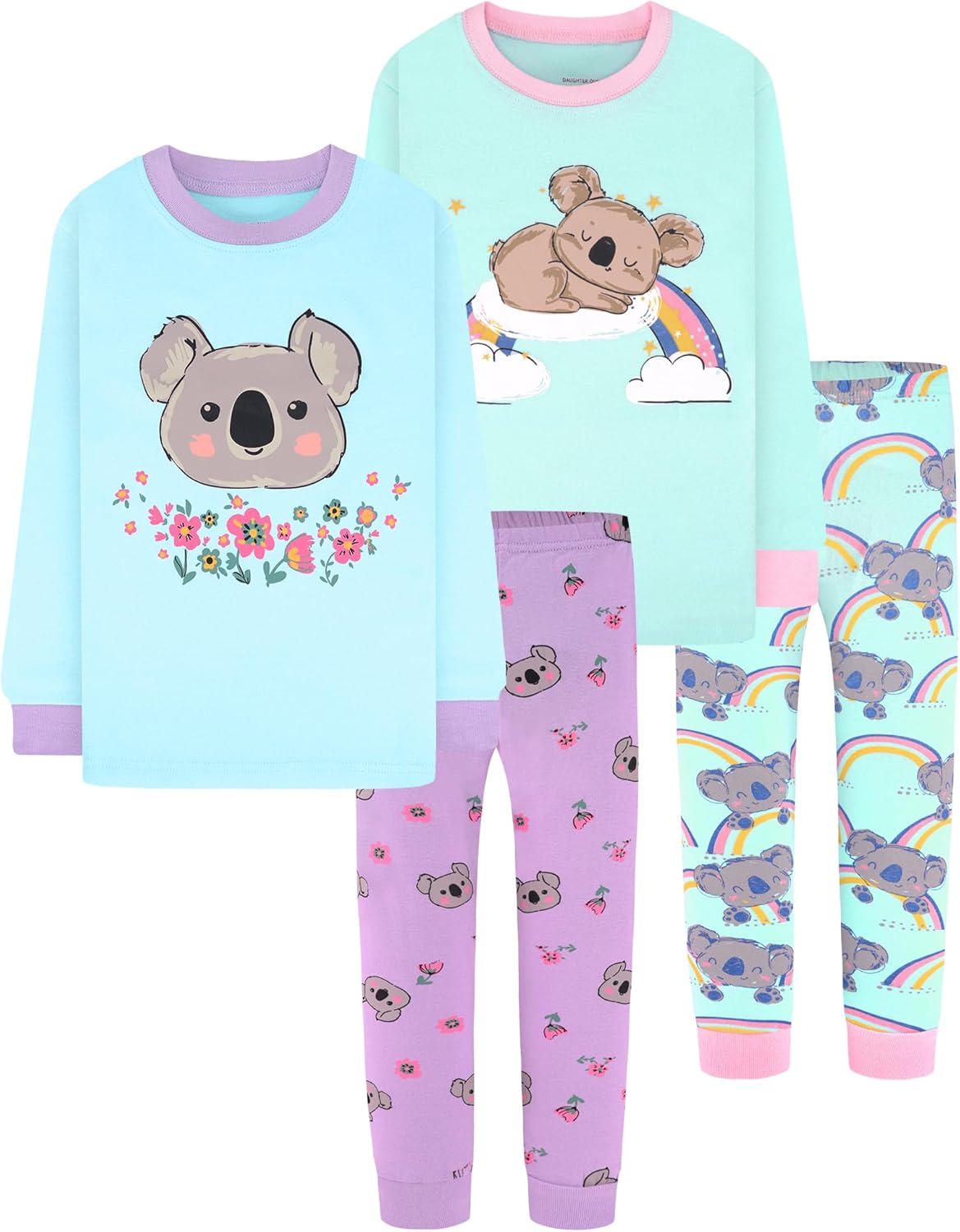 Girls Cotton Pajamas Set 4 Pieces for Ages 18 Months to 12 Years