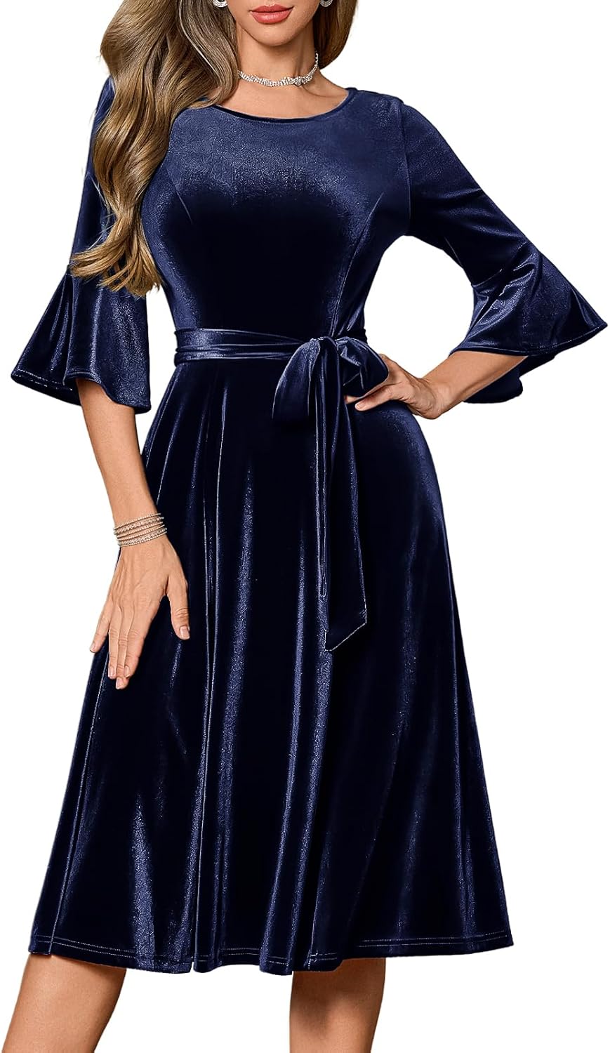 HomRain Women's Long Sleeve Velvet Midi Dress for Winter Events