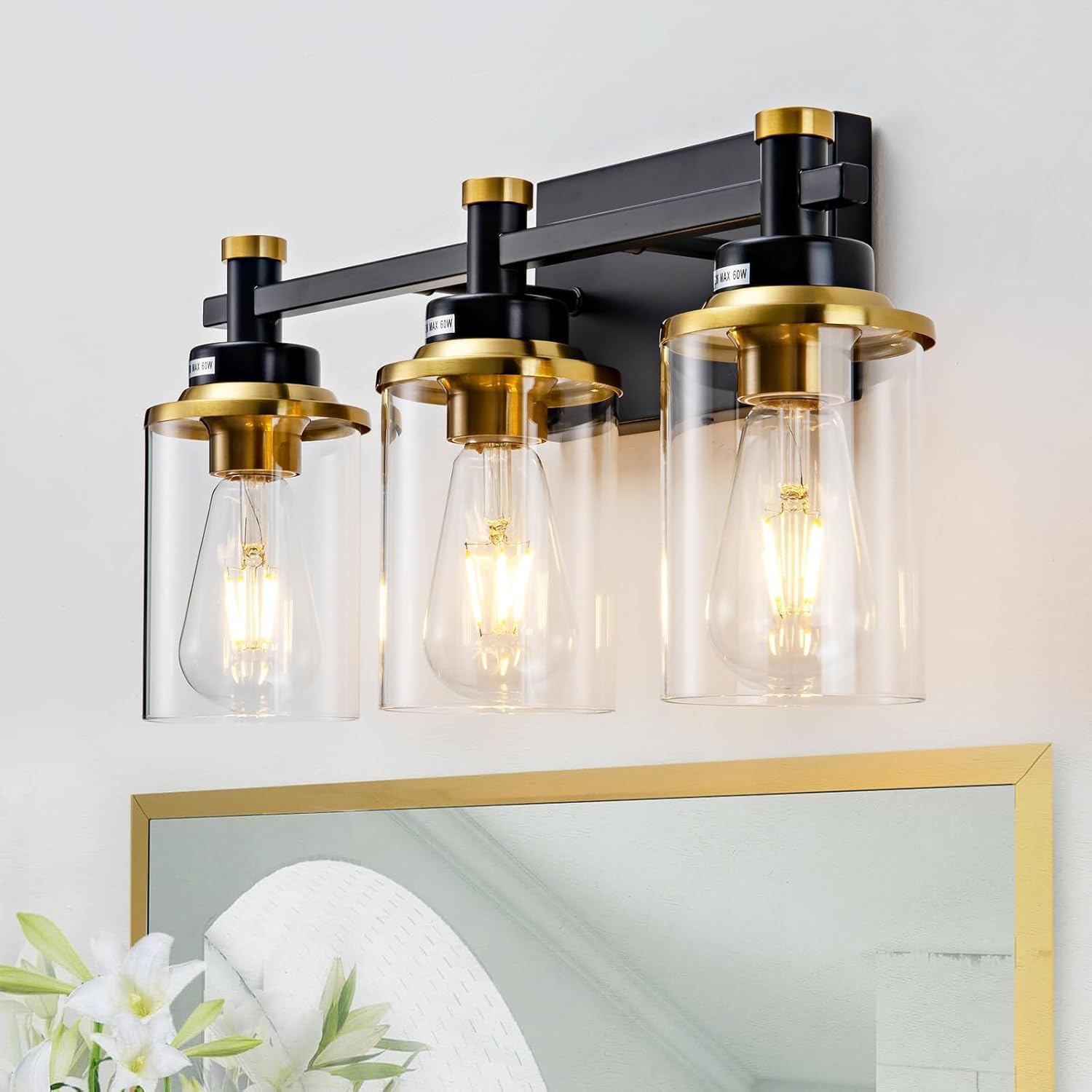 3 Light Bathroom Light Fixtures in Black and Gold Design