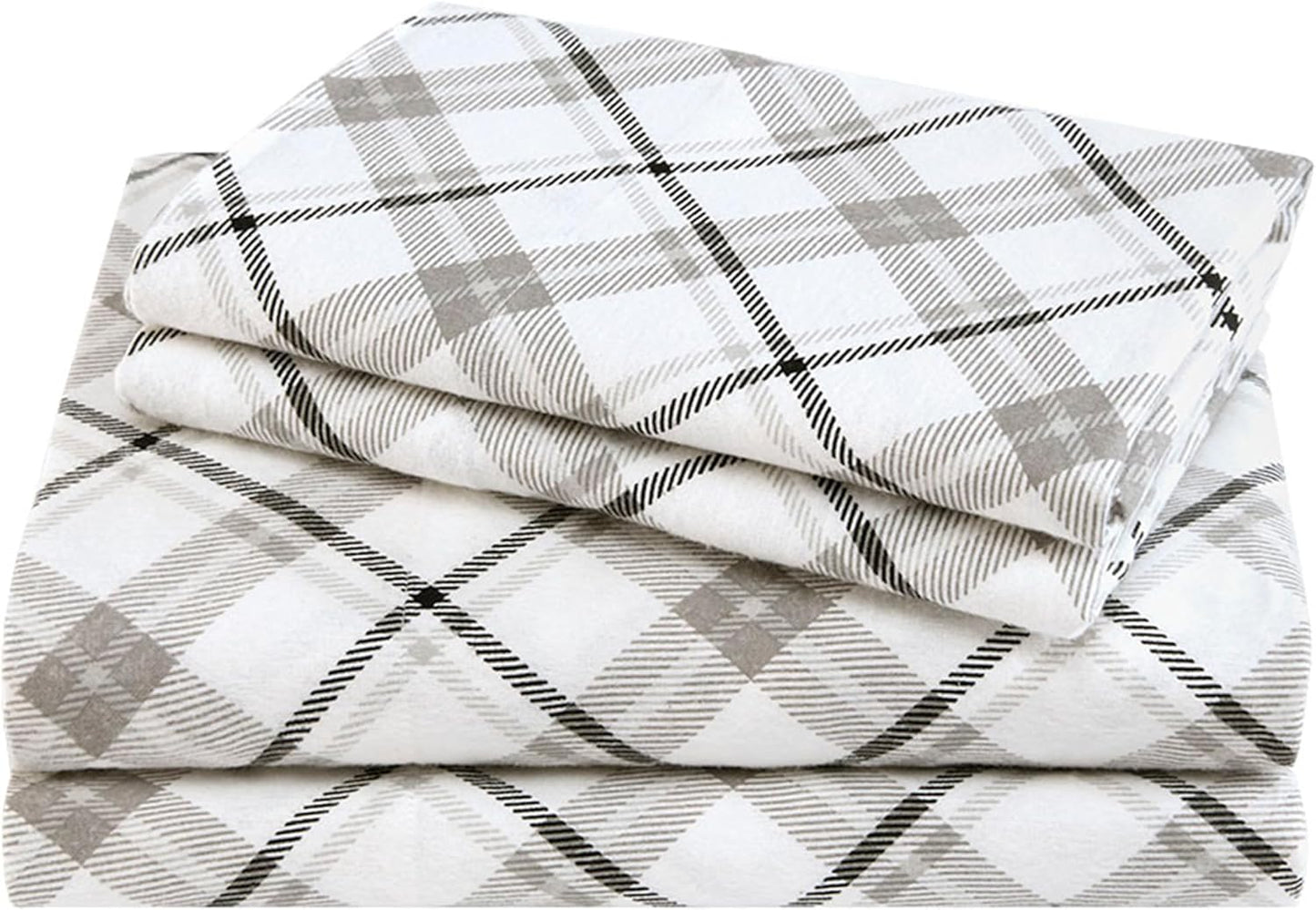Comfort Spaces Cotton Flannel Deep Pocket Sheets Set, Grey Plaid
