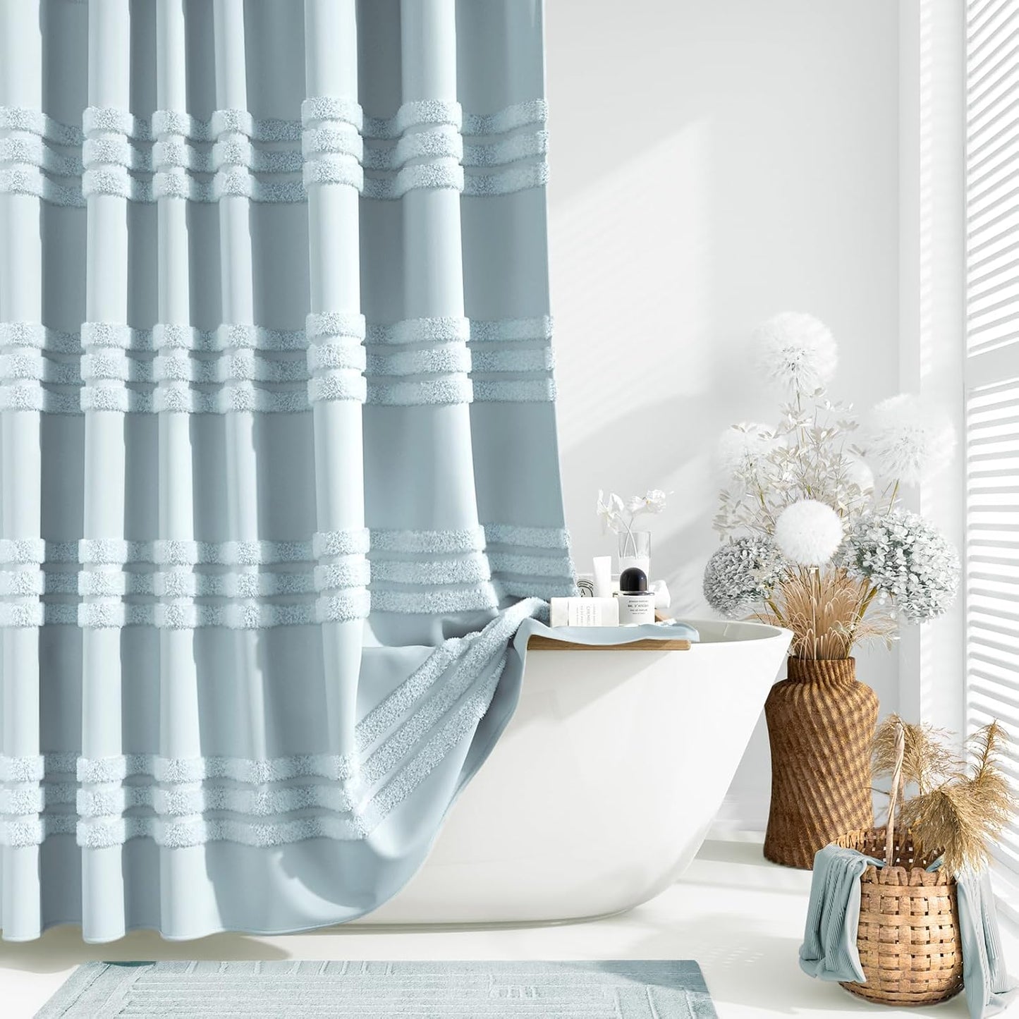 Dynamene Extra Long Shower Curtain - Fog Blue Chenille Stripes