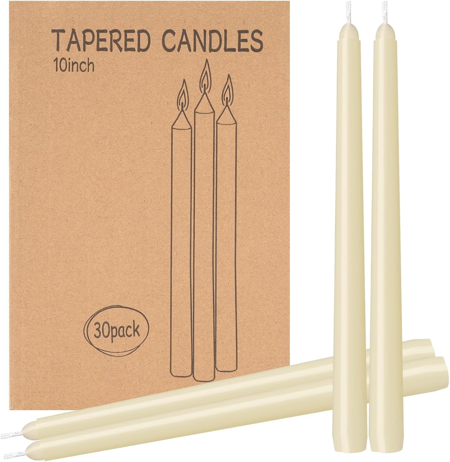 30 Pack Ivory Taper Candles - 10 Inch Dripless and Smokeless