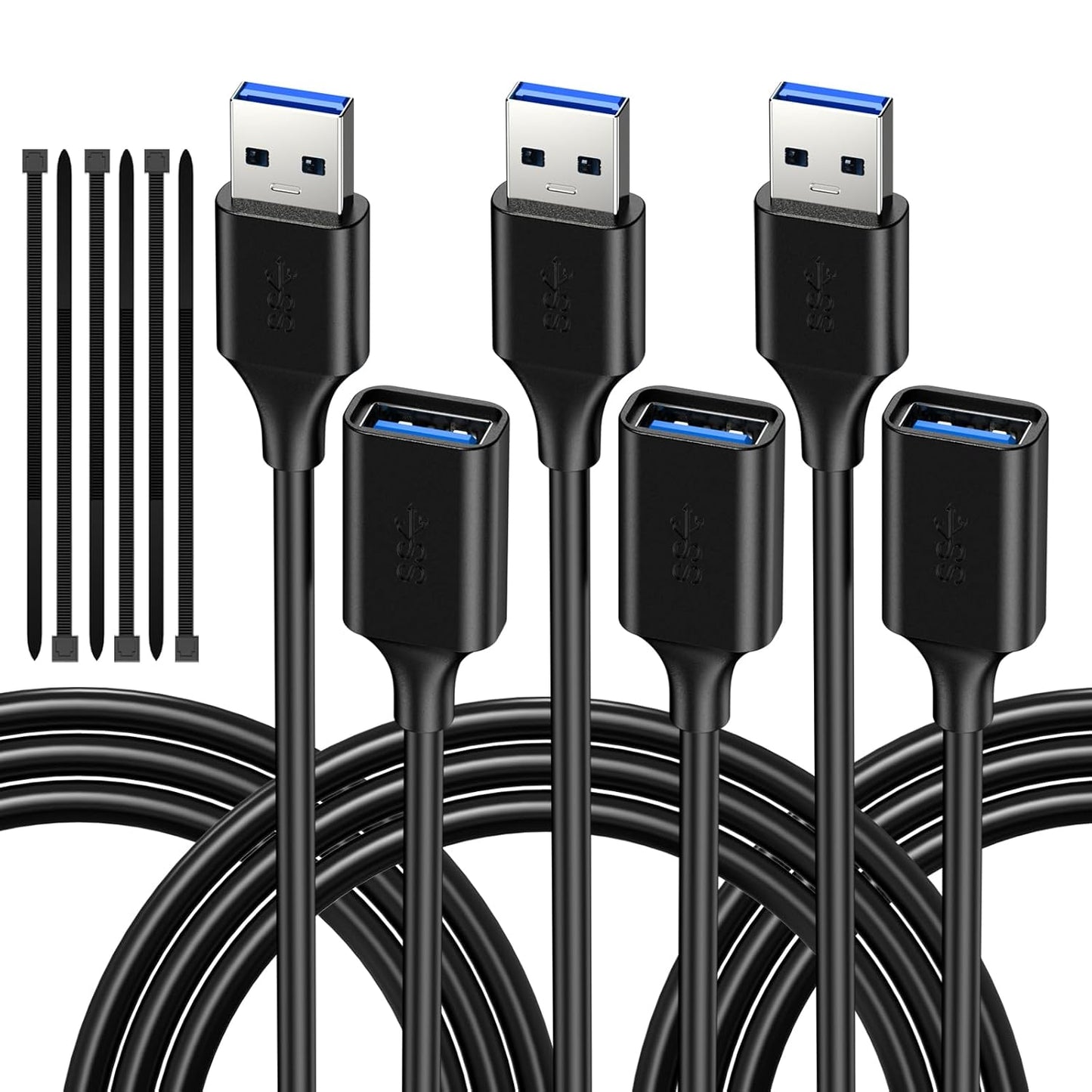 Extend USB Reach Effortlessly! 3 Pack, 5FT Extension Cables.