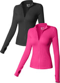 Womens 2-Pack Long Sleeve Stand Neck Zipped Tops - Stretch Fit