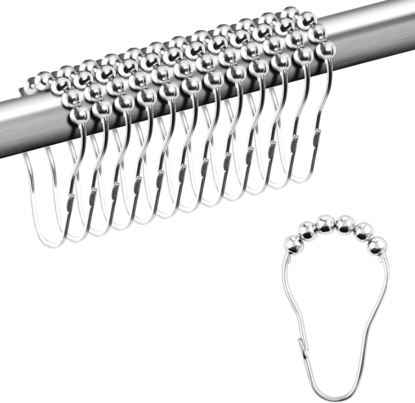 Set of 12 Rust-Proof Chrome Shower Curtain Hooks