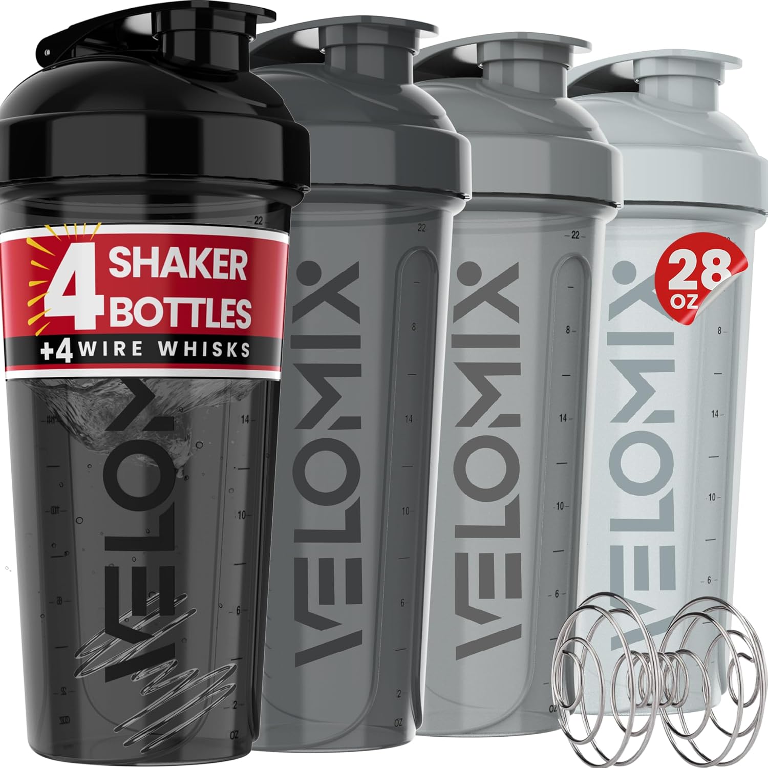 Leak Proof Protein Shaker - 4 Pack with Wire Whisk - VELOMIX